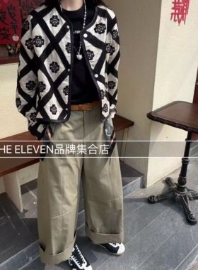 mmq设计师品牌26新款刺绣钉珠花朵小香风外套YCH抽绳绿色阔腿裤