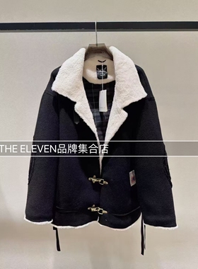 MMQ25冬季黑色羊羔毛外套女翻领牛角扣双面穿保暖短外套