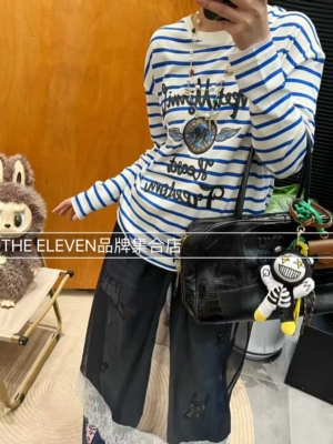 MMQ设计师2026春款复古条纹长袖T恤女圆领字母印花宽松休闲上衣