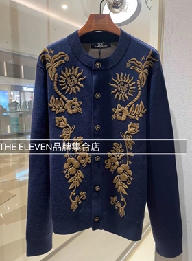 meetmimiq2025冬季新品复古藏蓝色开衫针织衫外套MMQ刺绣花朵