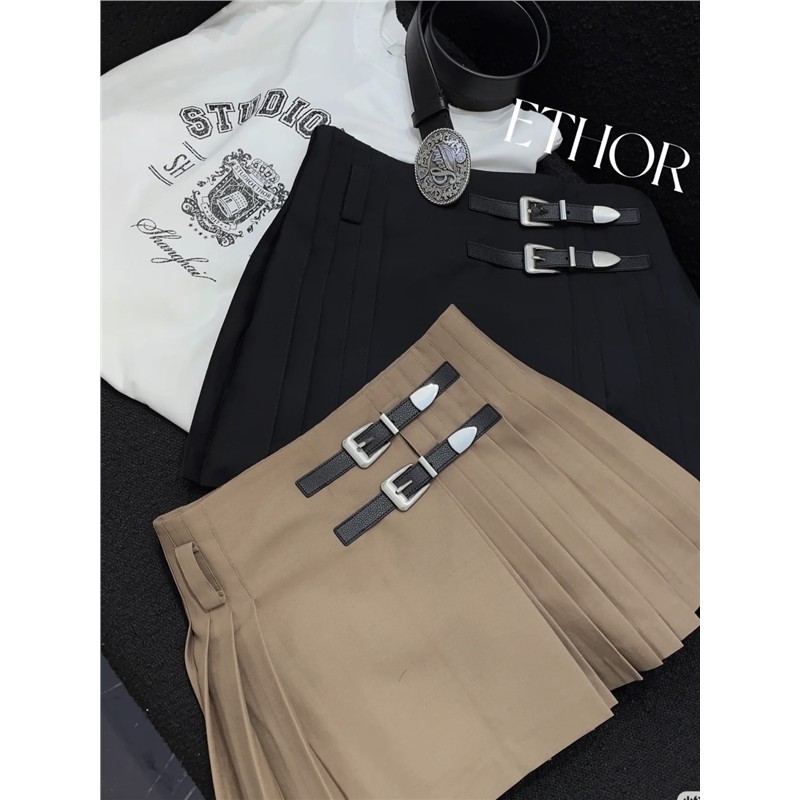 ETHOR纯色双腰带金属扣短款百褶裙25春夏新品设计师2850