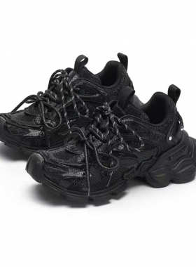 SUGARSU复古绑带鞋 2025年新款女款老爹鞋 贝母色牛皮拼色运动