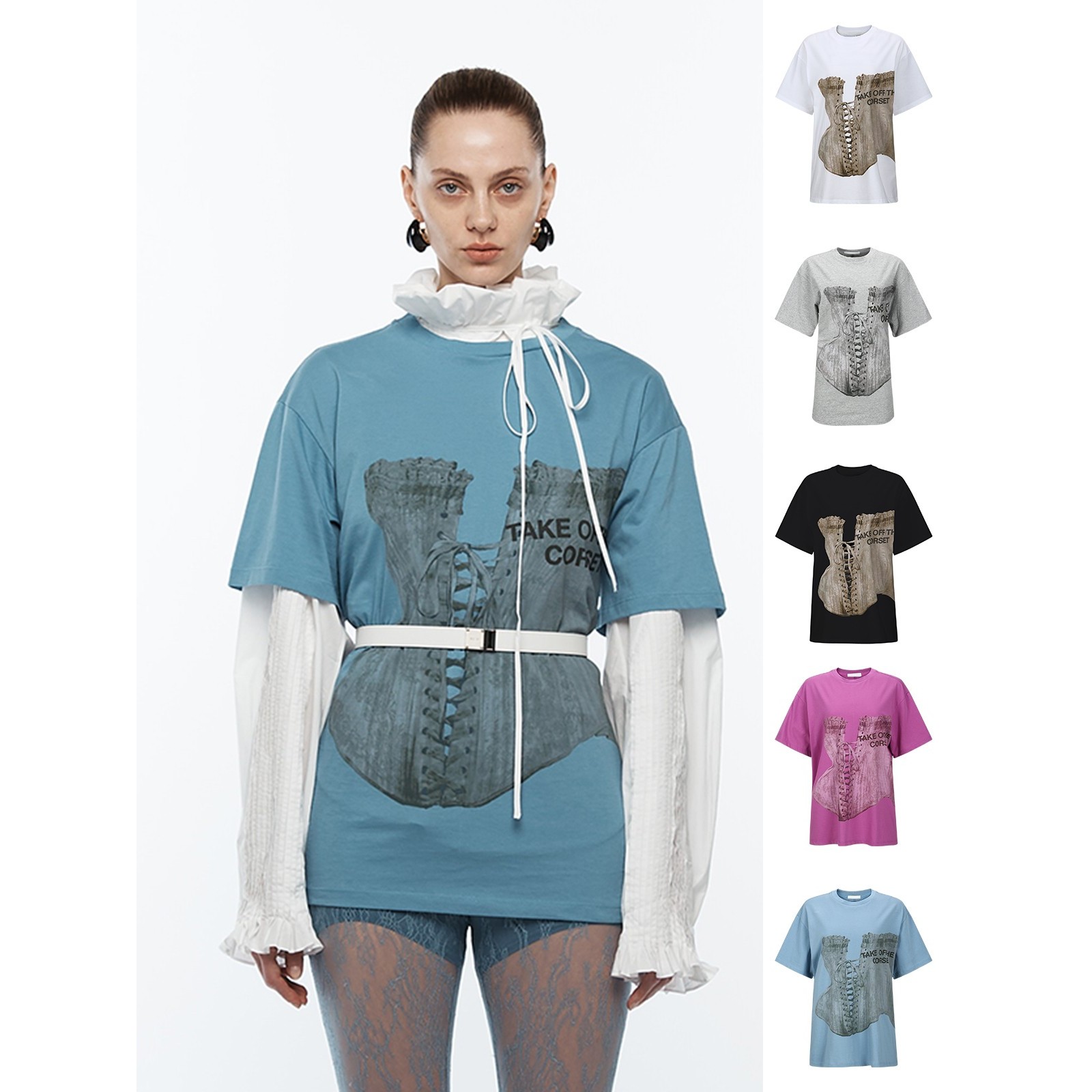 YCH设计师25秋冬紧身胸衣印花短袖T恤多色圆领