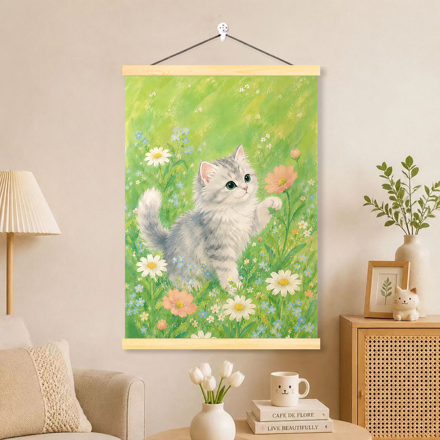 治愈系小猫花卉装饰画客厅卧室挂画现代简约田园风温馨可爱猫咪画