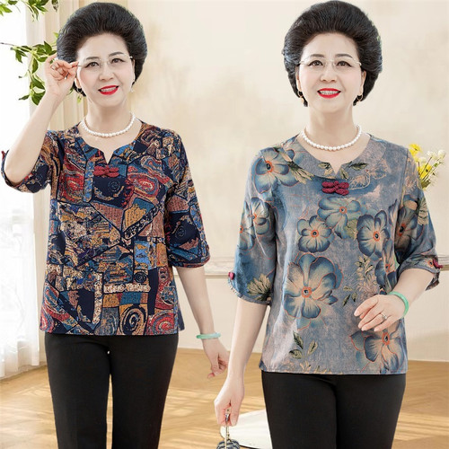 妈妈棉绸t恤衫中袖老人夏装