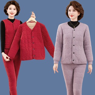 三件套中老年女装棉衣外套冬季妈妈加绒加厚奶奶棉服棉裤保暖套装
