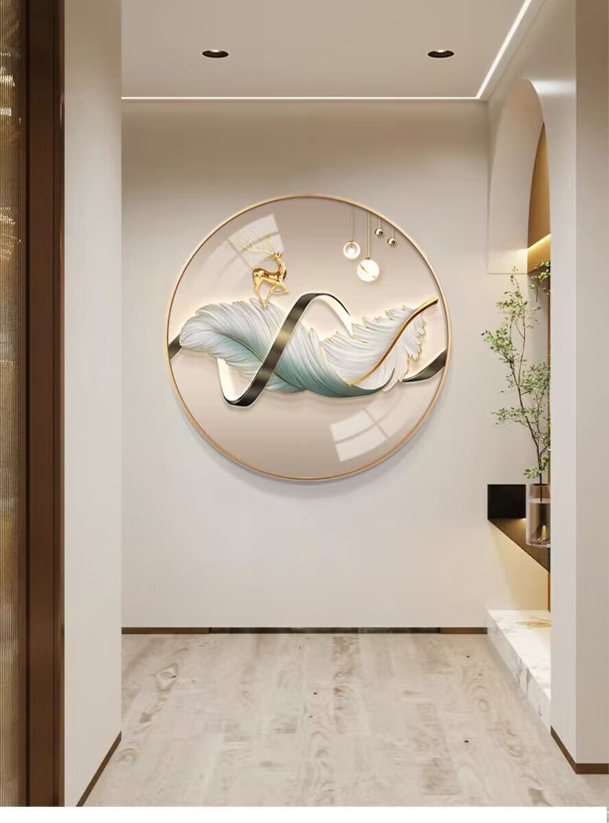 现代轻奢圆形羽毛餐厅装饰画玄关柜过道挂画大气主卧客厅书房壁画图片