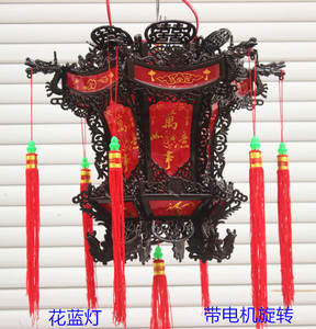 LED带电机旋转塑料六角仿古宫灯走马灯大红灯笼喜庆灯