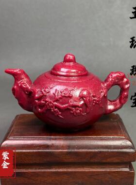 朱砂莲花茶壶摆件紫金砂把把壶手把件办公室桌面装饰工艺收藏品