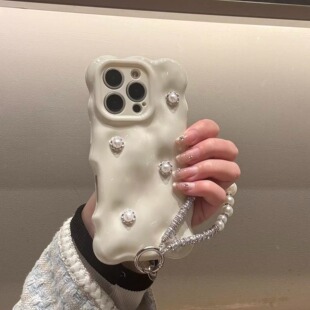 奶白ins简约立体花朵适用iphone17promax手机壳苹果16女款 15promax珍珠挂绳14小众高级感13防摔全包保护套ins