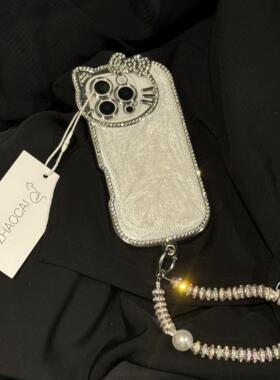 适用日韩ins高级感闪钻边白滴胶kt猫iphone16promax手机壳17promax苹果15pro新款12创意13女款14防摔保护套11