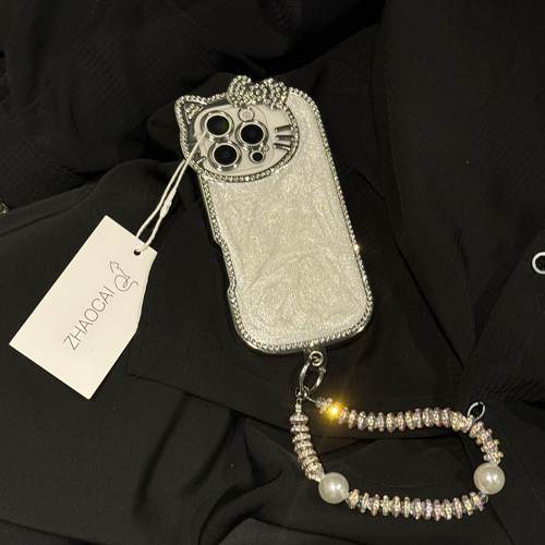 适用日韩ins高级感闪钻边白滴胶kt猫iphone16promax手机壳17promax苹果15pro新款12创意13女款14防摔保护套11