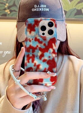 豹纹蓝色手机壳带皮链适用苹果iPhone17Promax手机套16promax女款15Pro防摔14pro高级13简约17小众潮流感系列