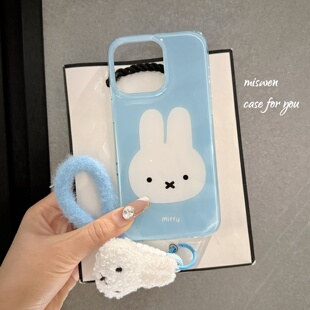 蓝底可爱卡通兔子适用苹果16手机壳iphone17promax新款 超好看 15pro带兔子头蓝挂绳14p防摔保护套13双层17女款