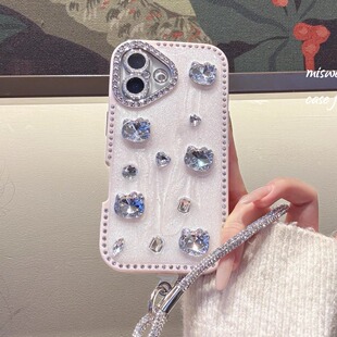 高级感双面镶钻猫咪适用苹果17promax手机壳16女款 iPhone15pro闪粉镜头膜14p手链13奢华水钻全包防摔保护套女