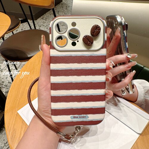 韩系ins棕色条纹大视窗咖啡豆适用iPhone17promax苹果18promax手机壳16pro女款14软壳防摔13可爱15潮流冷淡风
