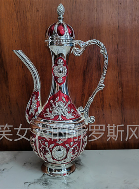 特价俄罗斯R-2锡金属酒壶flagon款银红色银玫瑰花容量400毫升8两