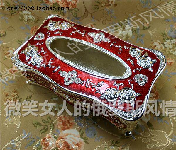 特价R1俄罗斯锡金属抽纸巾盒长方形大号银红色玫瑰花镶钻欧式厚重