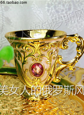 特价俄罗斯R23锡金属茶咖啡白酒杯手柄金米色镶紫钻容量7钱35毫升