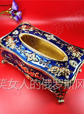 特价俄罗斯R5锡金属抽纸巾盒长方形高款大号金藏蓝色金玫瑰花欧式