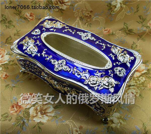 俄罗斯2 锡合金属抽纸巾盒长方形大号银蓝色银玫瑰花镶钻厚重精致