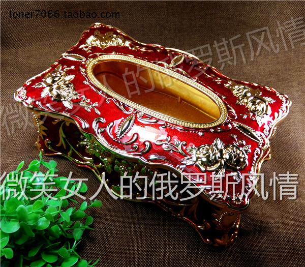 特价俄罗斯R2锡金属抽纸巾盒向日葵角特大号金红色金玫瑰花厚重款