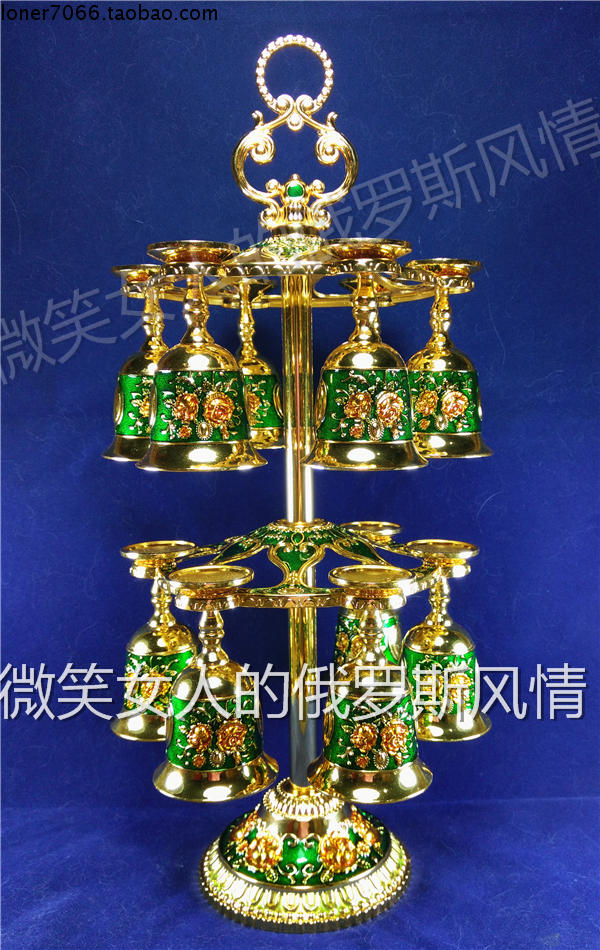 特价R3俄罗斯锡金属酒具杯架双层13件套装高脚挂酒杯金绿色桔玫瑰