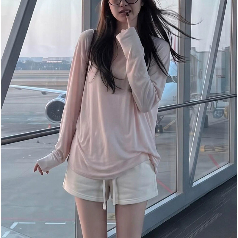 韩系甜美粉色防晒长袖T恤罩衫女夏季宽松慵懒风外搭空调薄款上衣