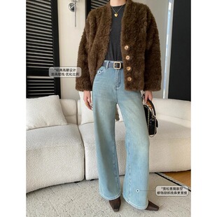 研衣社 保暖密密绒水洗蓝高腰显瘦直筒阔腿牛仔裤