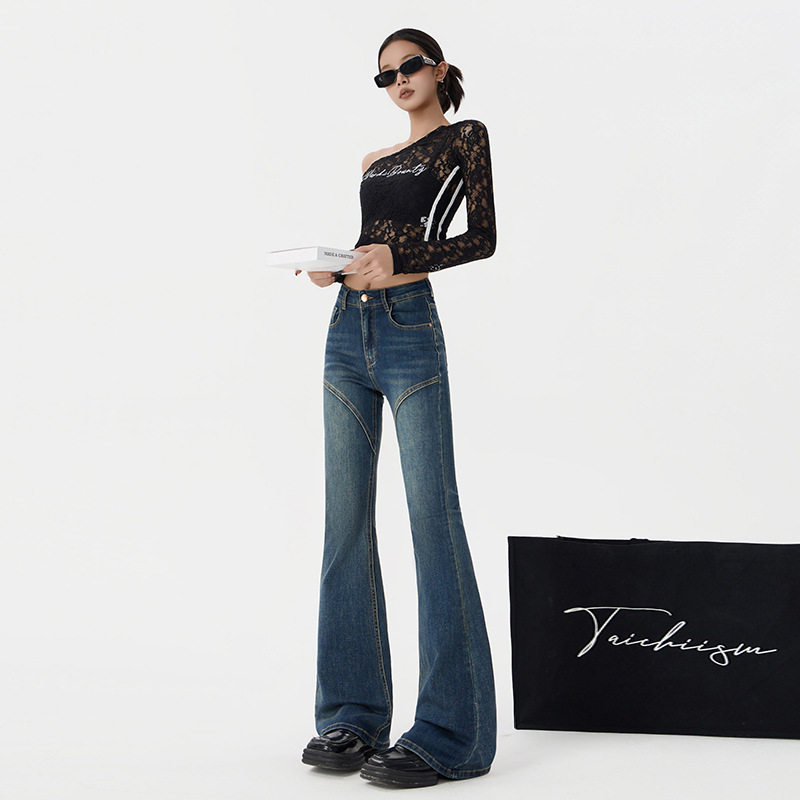 微喇牛仔裤女美式拼接复古2026春季新款高腰弹力修身显瘦喇叭裤子