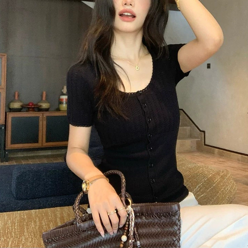 松弛随性 白色圆领镂空短袖T恤女夏修身薄款针织开衫上衣