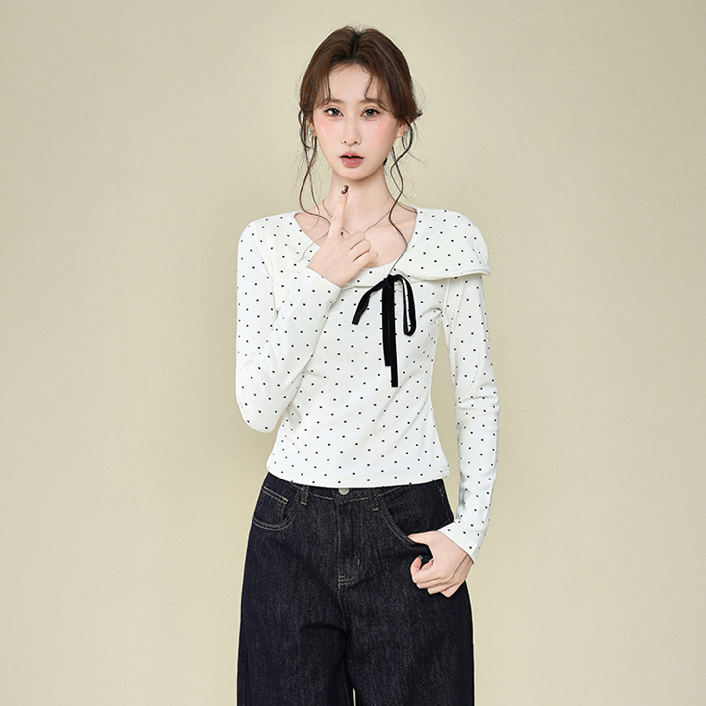 波点蝴蝶结设计感长袖T恤磨毛加绒加厚打底衫内搭秋冬新款上衣女