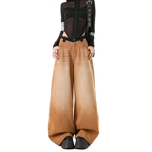 美式复古做旧牛仔裤女废土风宽松显瘦阔腿直筒拖地裤土黄色长裤