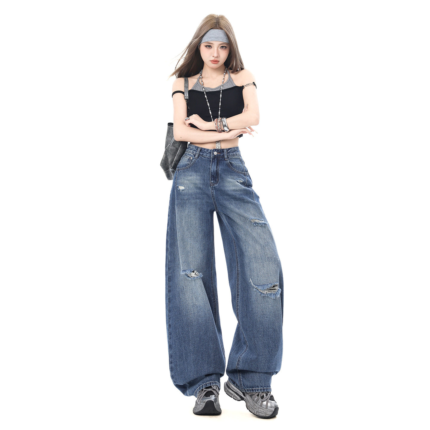 水洗破洞阔腿牛仔裤女春夏2026新款美式高街遮肉大码宽松直筒长裤