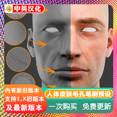 blender插件 Human Skin Brushes 人体皮肤毛孔模型雕刻笔刷预设