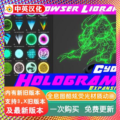 Blender资产库Cyber Holograms赛博朋克风格化霓虹灯荧光全息材质