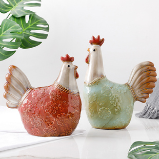 陶瓷欧式卡通可爱家居装饰摆件大公鸡母鸡一对客厅电视柜结婚礼品