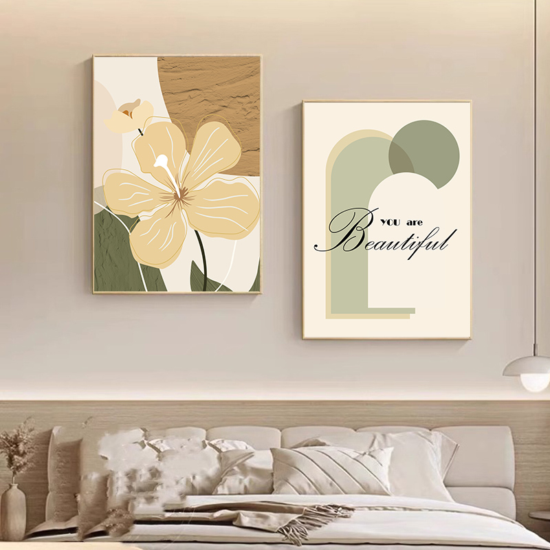 卧室奶油原木风挂画抽象艺术轻奢