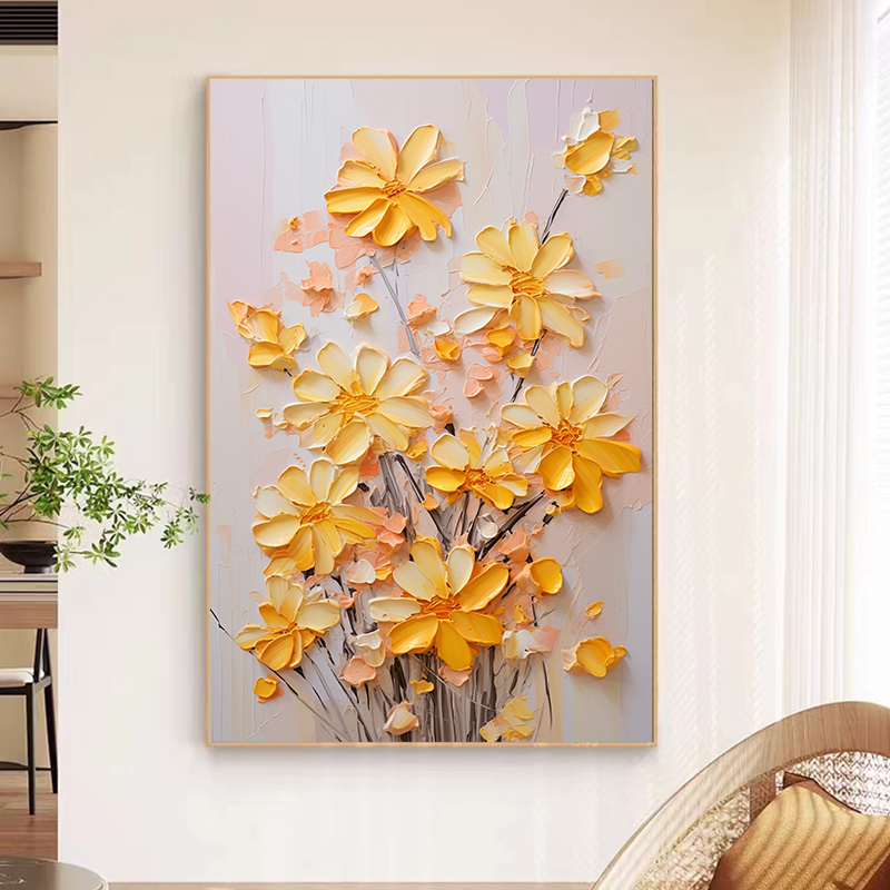 花卉奶油风浮雕立体感玄关装饰画抽象温馨入户正对门壁画客厅挂画图片
