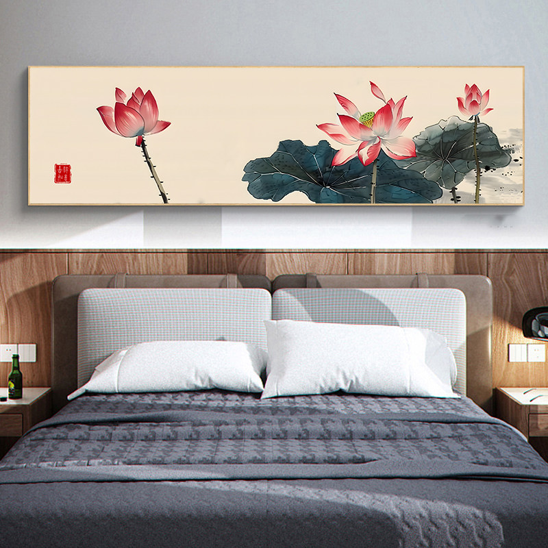 新中式卧室床头挂画客厅沙发背景墙装饰画酒店房间茶室荷花水墨画