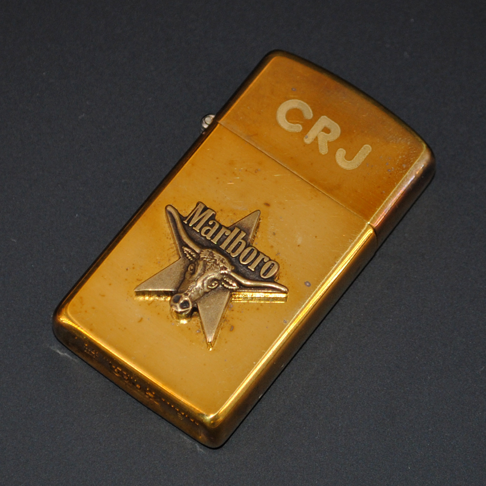 原装正品Zippo打火机-绝版收藏-1992年刻字纯铜万宝路纤巧窄牛头