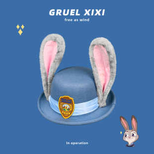 朱迪警官兔耳朵帽子cos可爱卡通疯狂动物城新款 大头围头套礼帽女