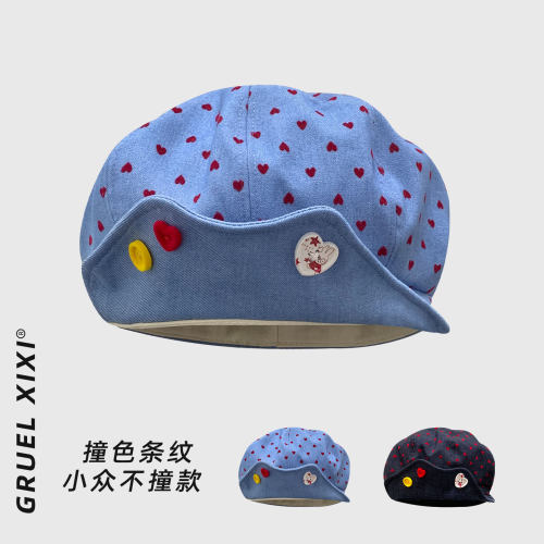 复古显脸小爱心扣牛仔八角帽女