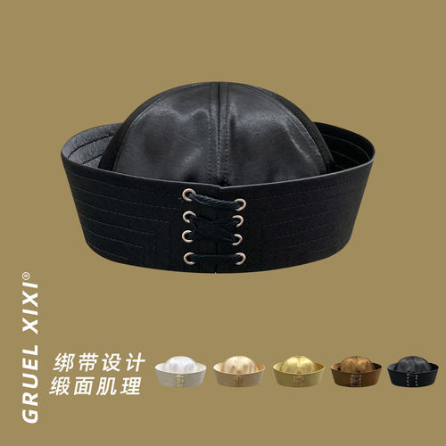 复古缎面系带水手帽女显脸小