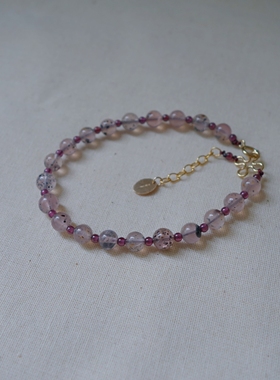 气质简约粉晶黑云母共生原创手链