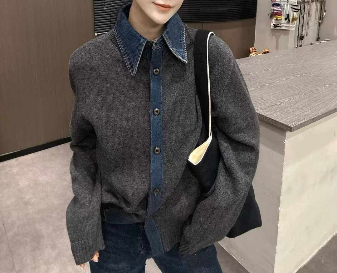 假两件拼接牛仔针织衫毛衣上衣女