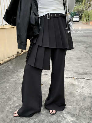 百褶拼接假两件阔腿长裤女休闲裤