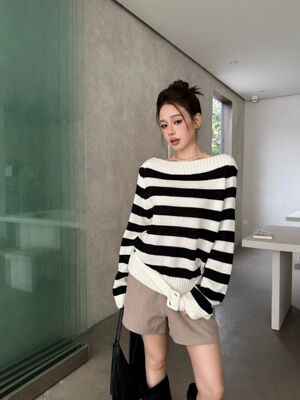 一字肩条纹针织衫女宽松毛衣上衣