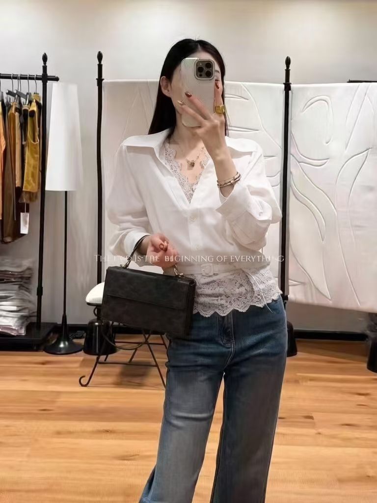 V领蕾丝背心半开收腰衬衣两件套
