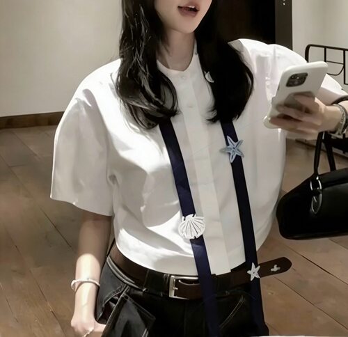 刺绣飘带衬衫女短袖百搭减龄上衣